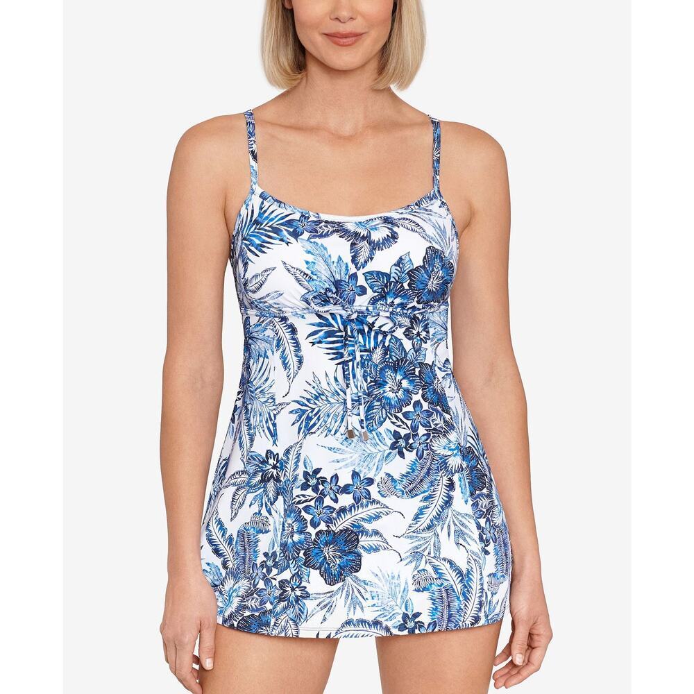 Swim Solutions Blue Blooms Printed Empire Waist Swimdress Modest NWT Size 8